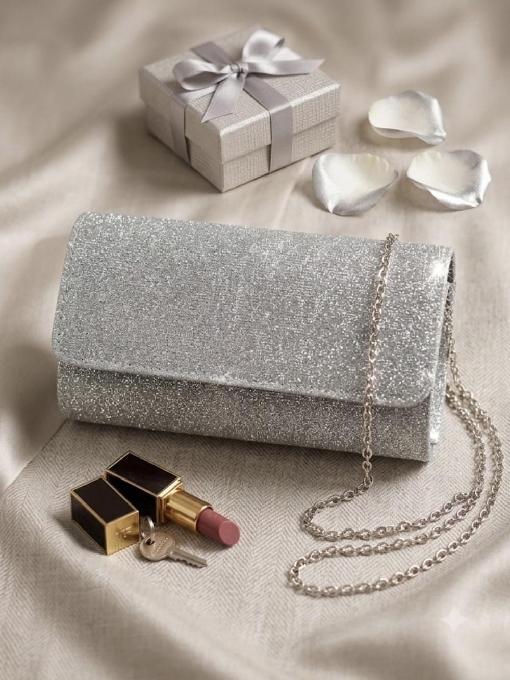 Silver Glitter Envelope Mini Bag with Chain Strap